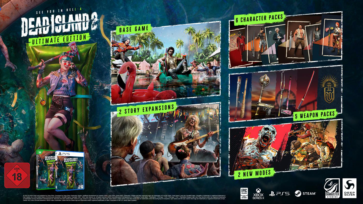 Dead Island 2 Ultimate Edition Spielebox, mit Charakteren und Gameplay-Bildern.