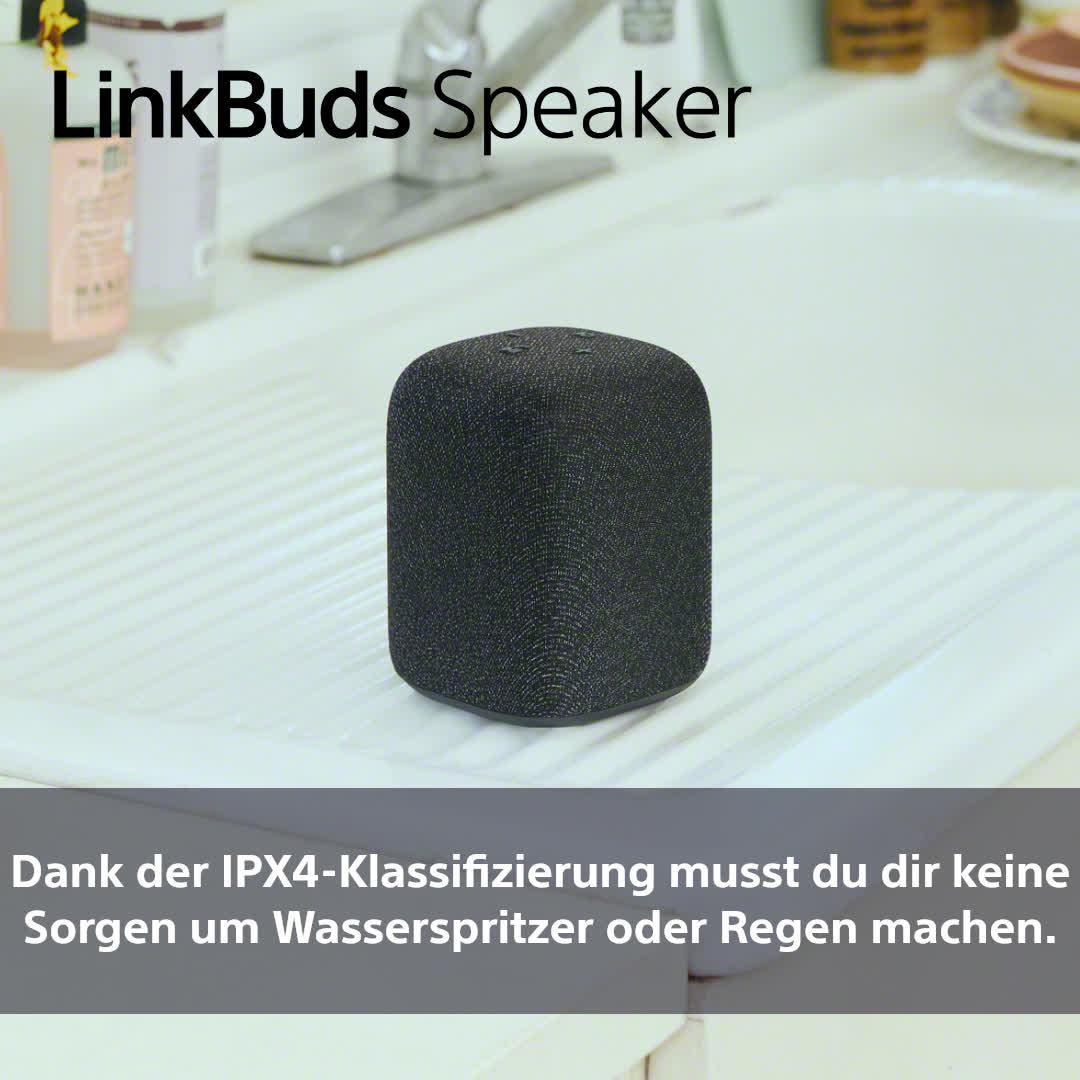 Ein Lautsprecher auf einer Theke in der Nähe eines Waschbeckens, mit dem Text 'LinkBuds Speaker'.