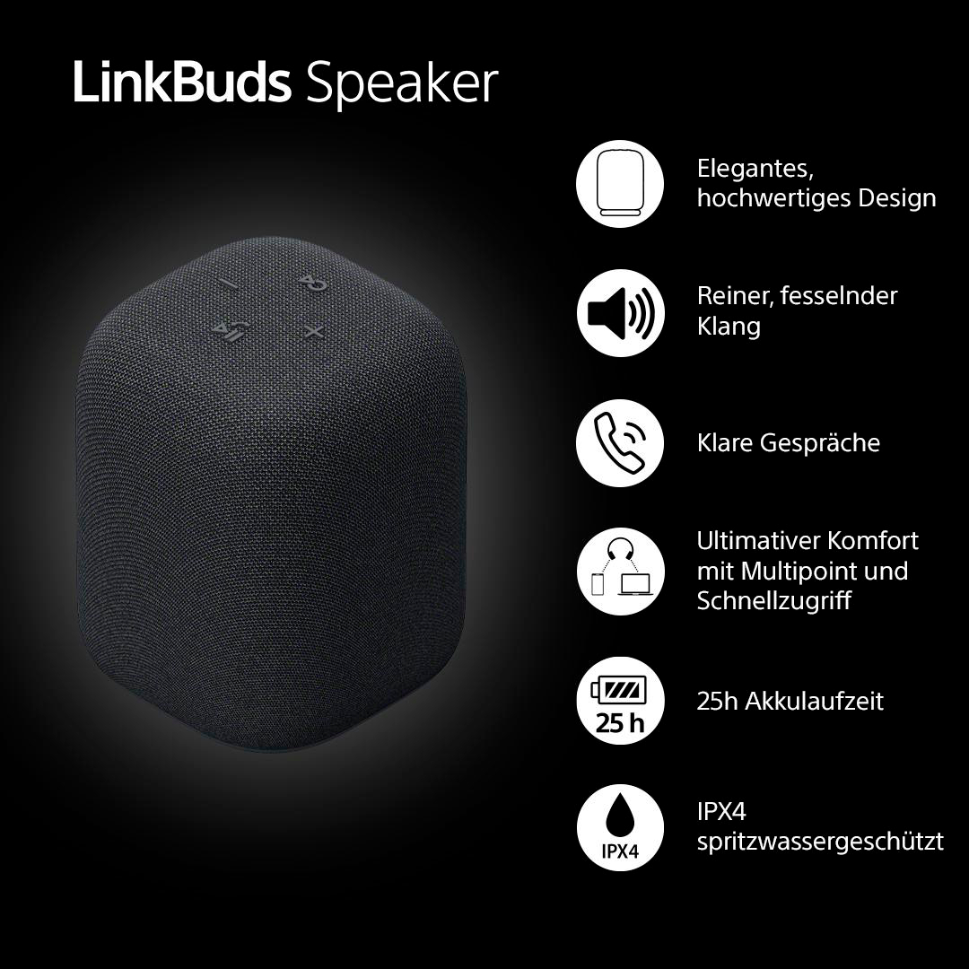 Ein schwarzer Lautsprecher mit Text und Symbolen, die Funktionen beschreiben, wie z. B. Akkulaufzeit.