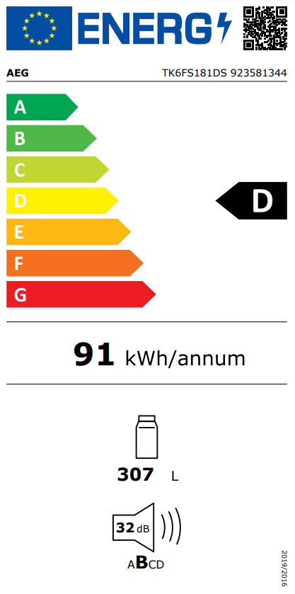 Egy energia cimke, amely egy hűtőszekrény D energiahatékonysági besorolását és energiafogyasztását mutatja.
