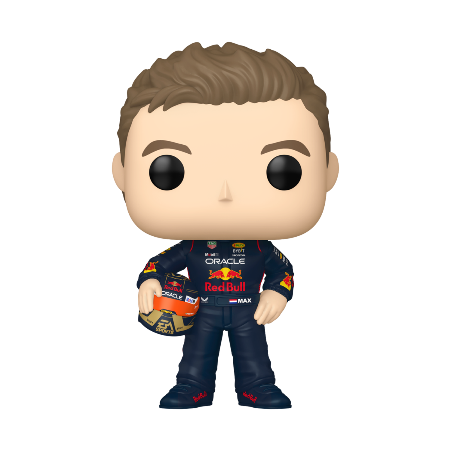 Max Verstappen Funko Pop figuur. Draagt een Red Bull racepak, houdt een helm vast. Zwart.