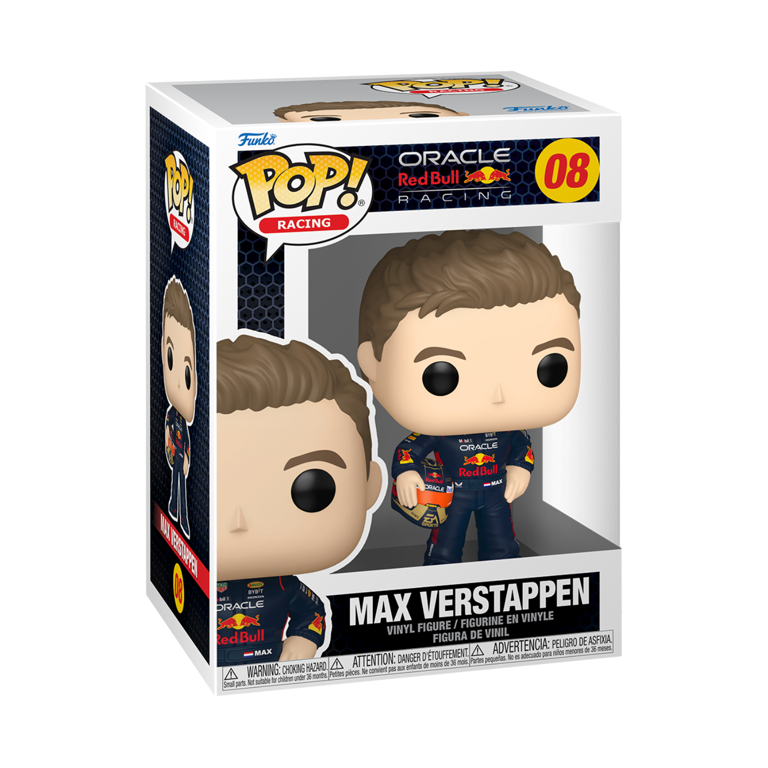 Funko Pop doos van Max Verstappen in een Red Bull racepak. Figuur is zichtbaar door een venster.