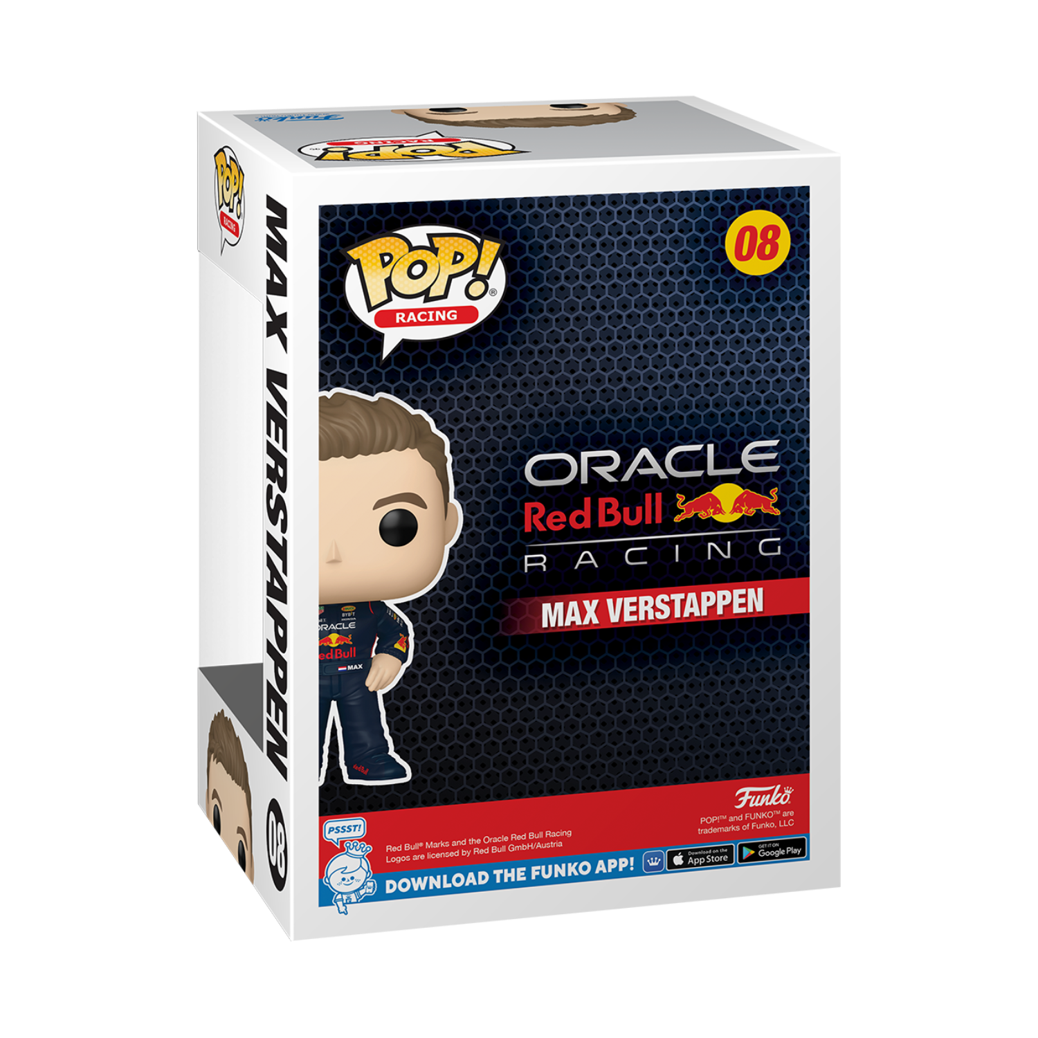Funko Pop-doos met Max Verstappen. De doos toont een figuur van Verstappen in race-uitrusting.