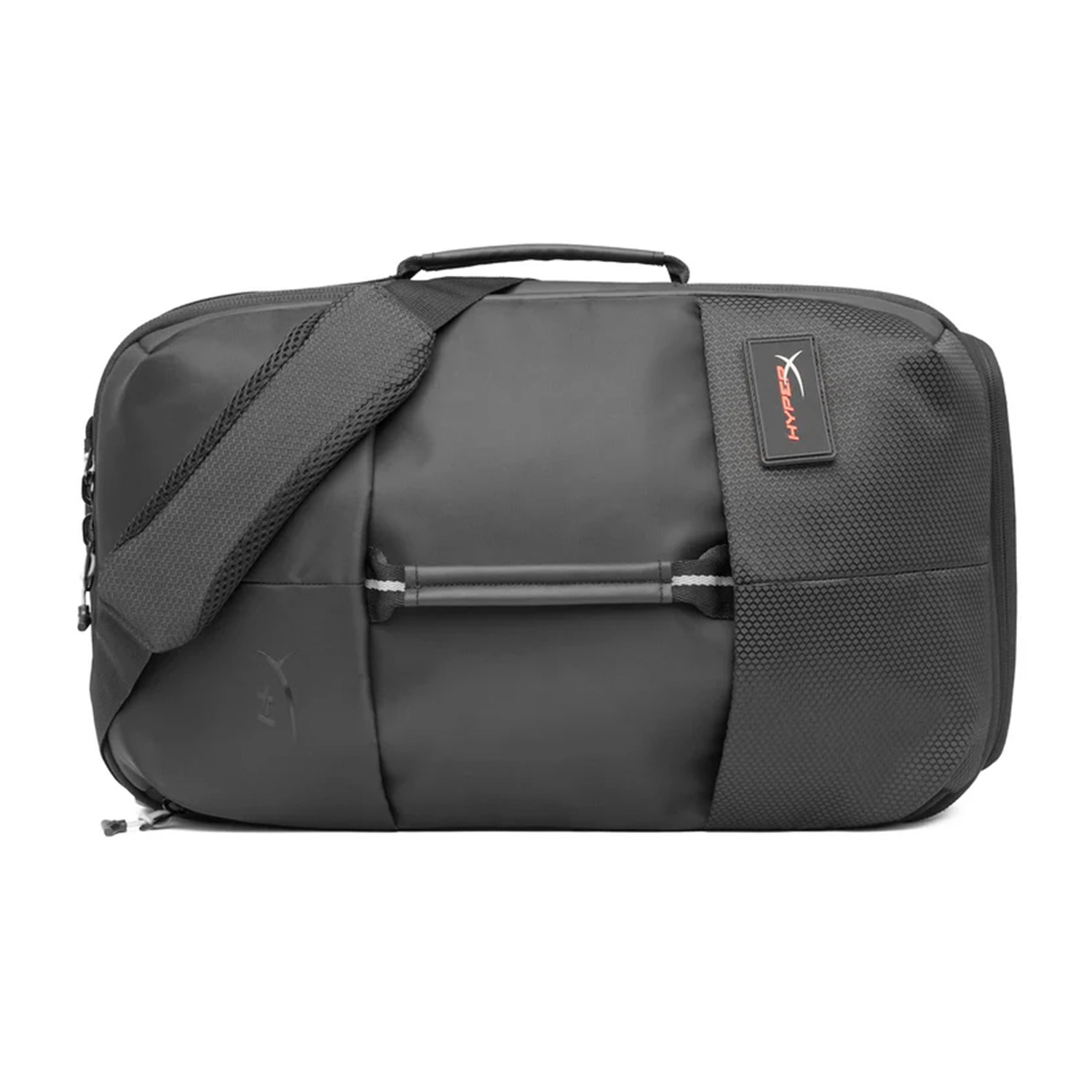 Borsa da viaggio nera con tracolla e maniglia. Logo HyperX visibile.