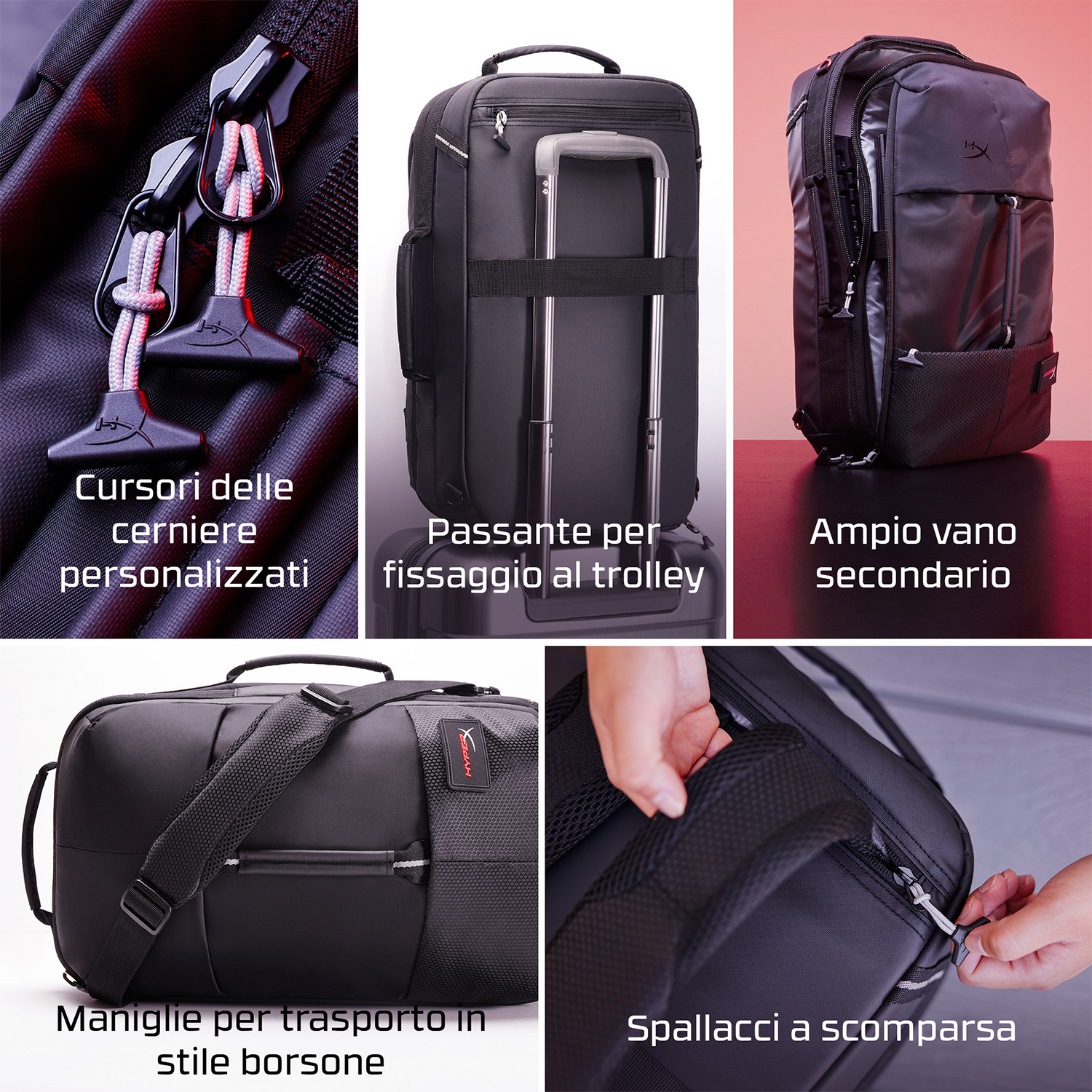 Borsa da viaggio nera. Testo indica: cerniere, maniglia trolley, scomparto, manici, cinghie.