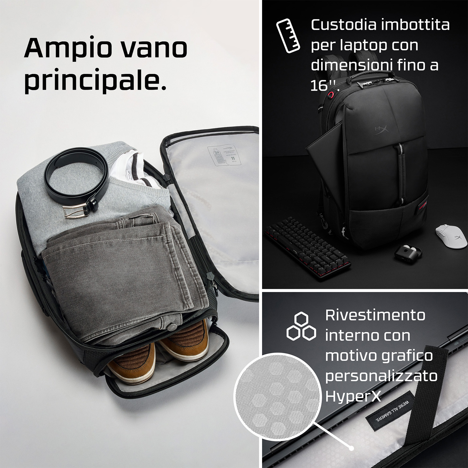Zaino nero con scomparto principale aperto, vestiti all'interno e tastiera.