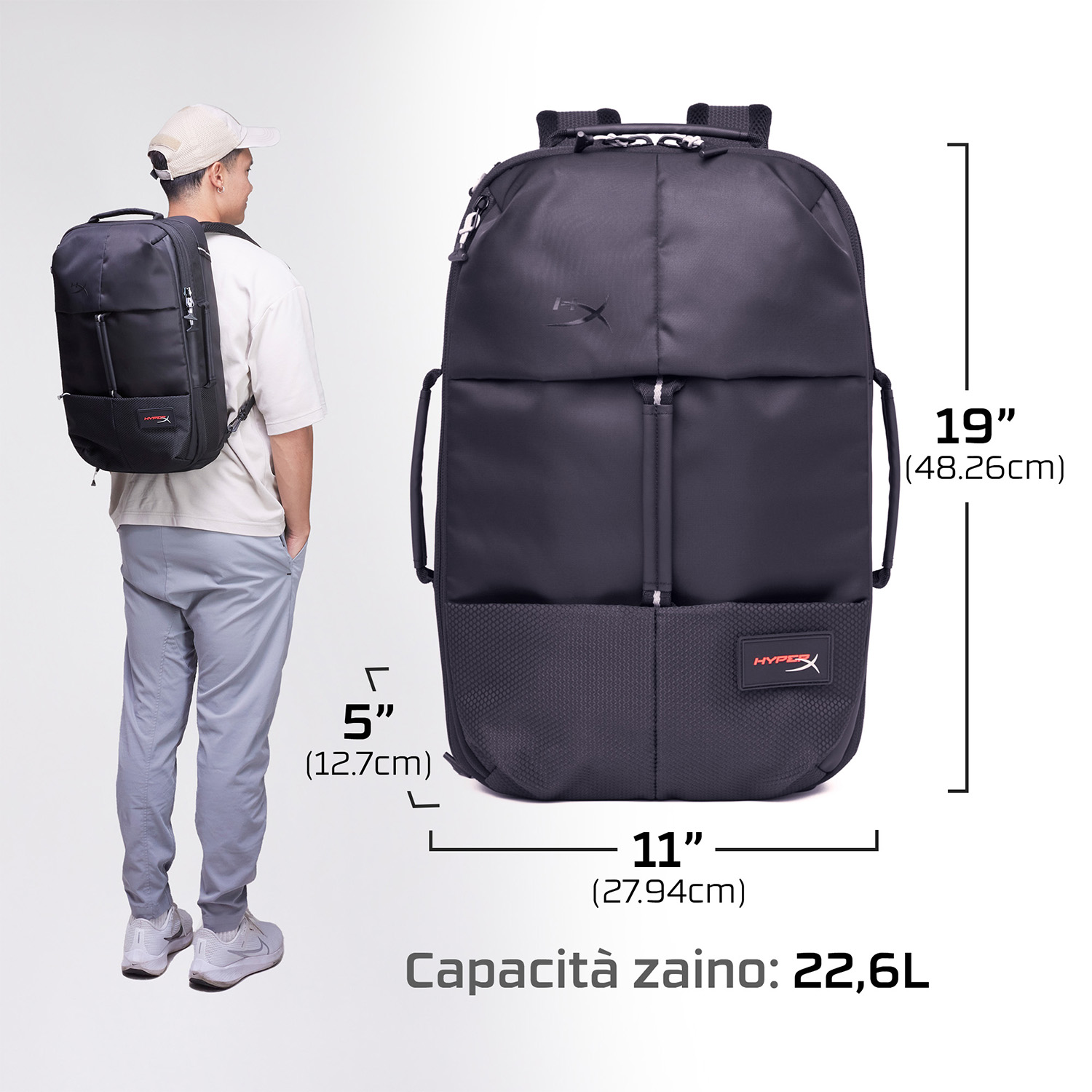 Un uomo con uno zaino nero sulla schiena. Lo zaino è nero con misure e il logo HyperX.