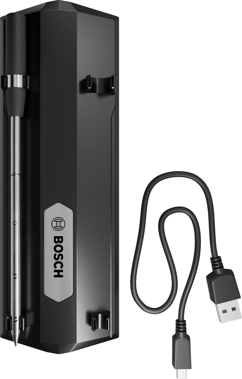 Fekete Bosch hústermométer és töltőállomás USB kábellel.