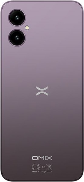 Mor bir telefonun arkası, kamera ve OMIX logosu.