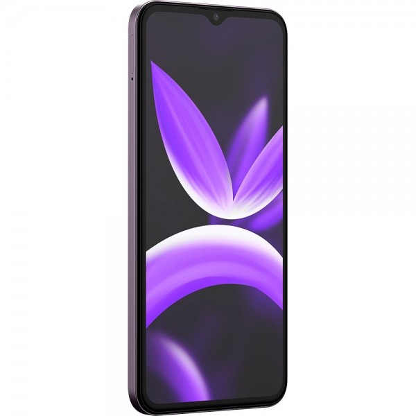 Sağa doğru açılı mor bir akıllı telefon, mor ve beyaz bir tasarım sergiliyor.