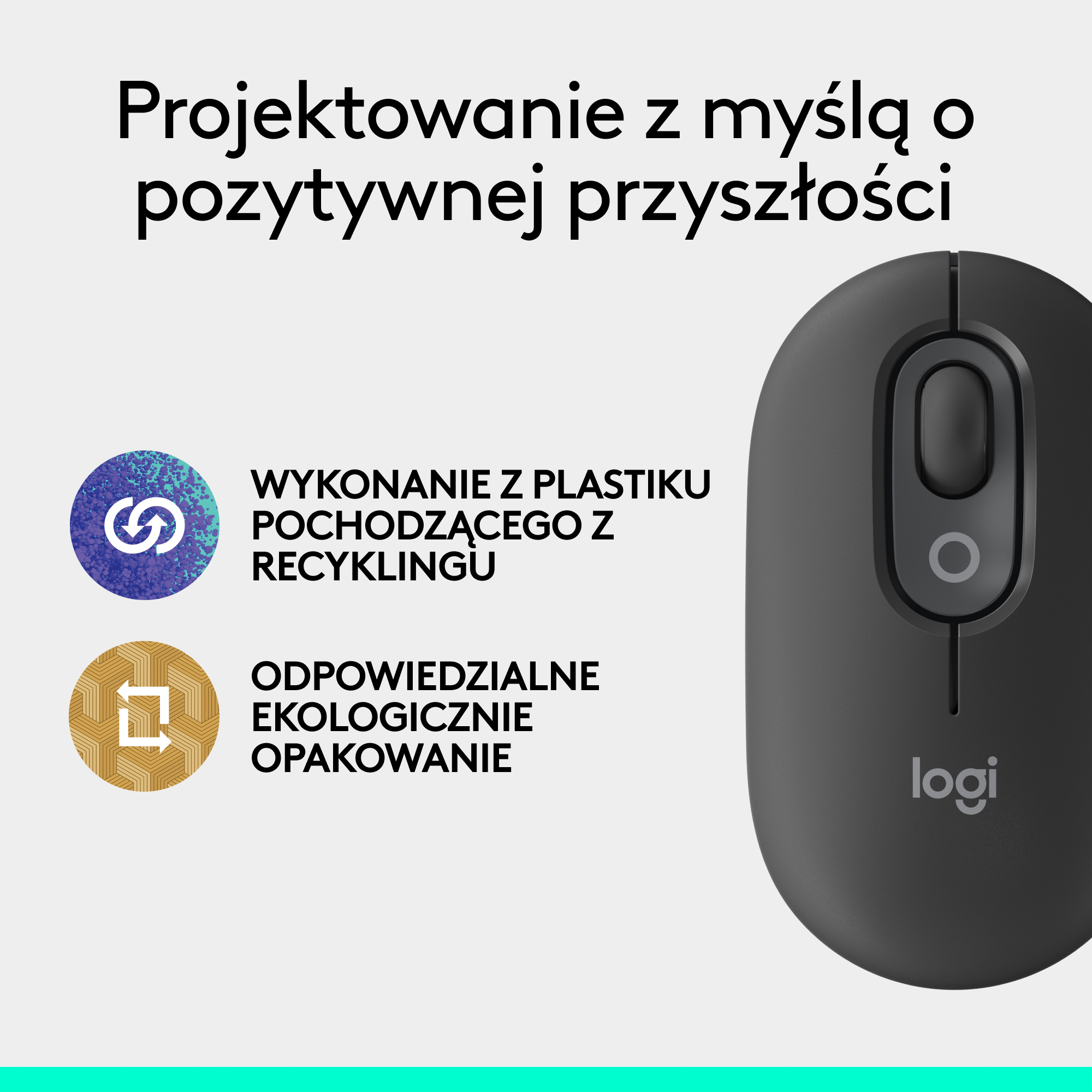 Czarna mysz obok tekstu w języku polskim o recyklingu i odpowiedzialnym pakowaniu.