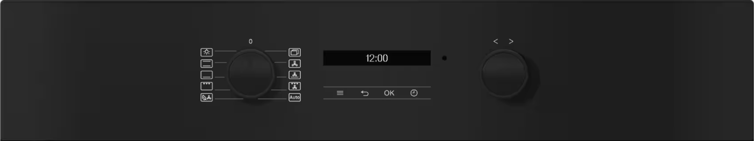 Un panel de control de horno negro con perillas, una pantalla digital e iconos para configuraciones.