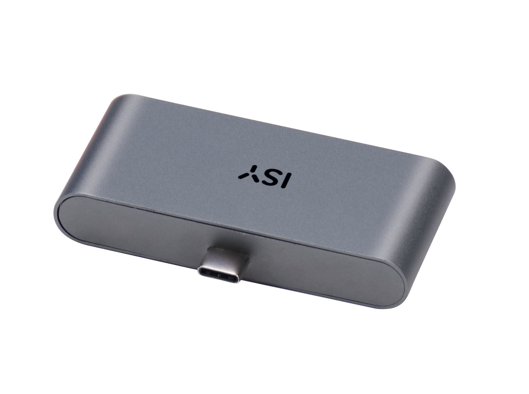 Un concentrador USB-C plateado con el logotipo 'ISY' en la parte superior, sobre un fondo blanco.