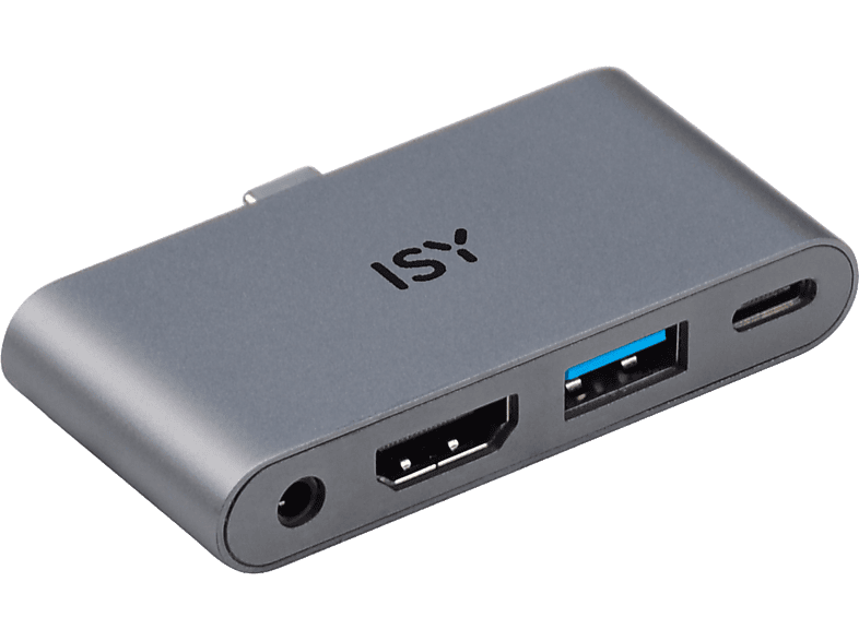 Adaptador - ISY IAD 1019-1 4-in-1 USB-C, 480 Mbit/s, USB-A, HDMI 2.0, 3.5 mm AudioPort, 1x Gris Aluminio
