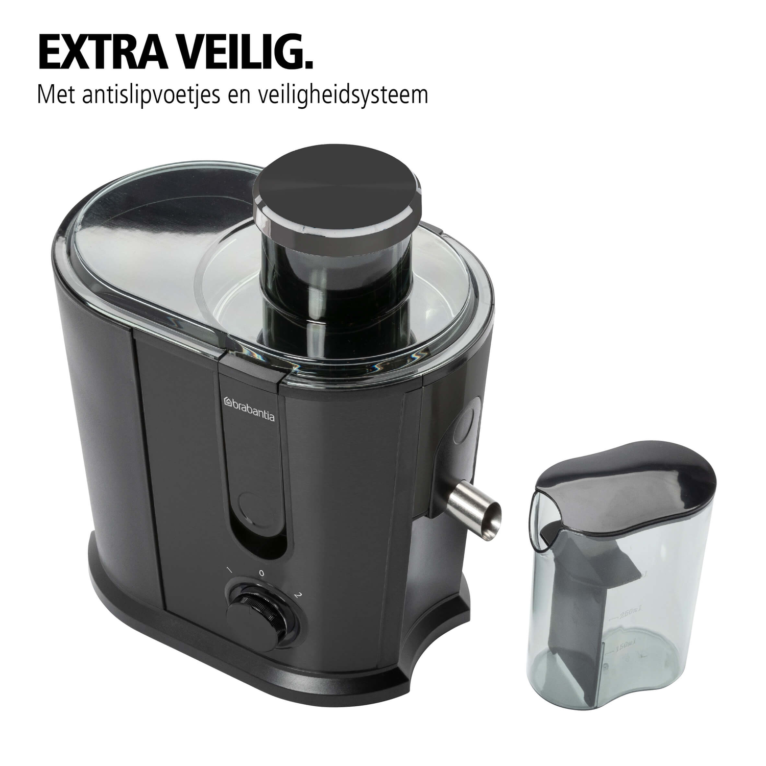 Zwarte sapcentrifuge met een transparant deksel en een aparte container, gemarkeerd met 'EXTRA VEILIG'.