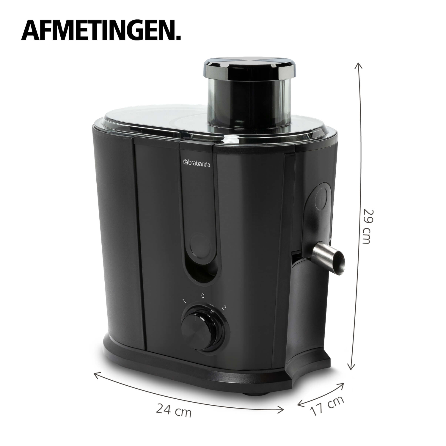 Zwarte sapcentrifuge met afmetingen, zwarte knop en zilveren tuit.