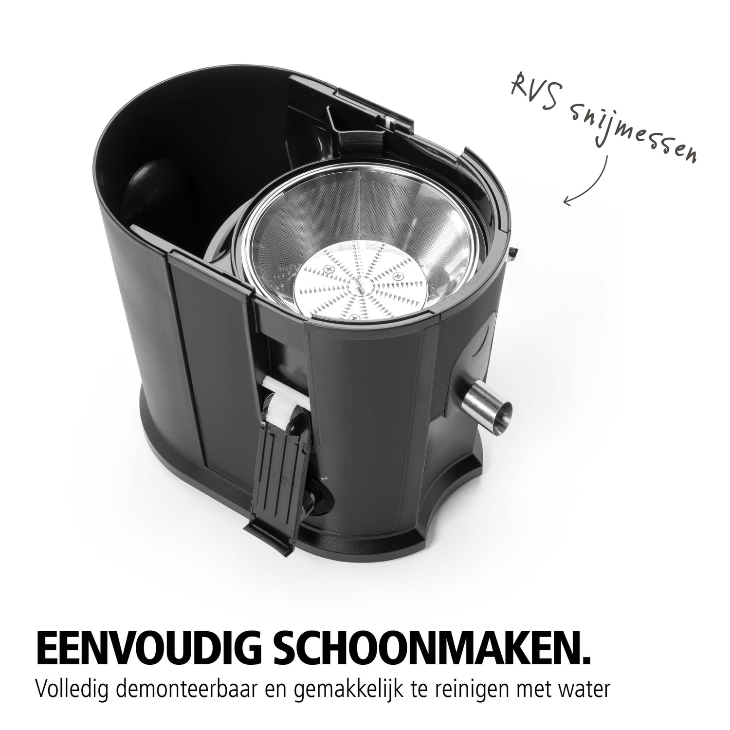 Een zwarte sapcentrifuge met een zilveren zeef. Een handgetekende pijl wijst naar de zeef.