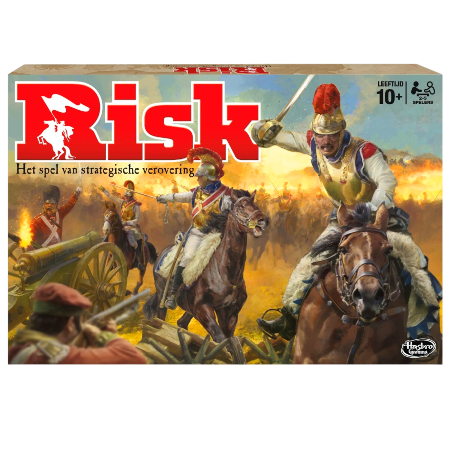 Risk bordspeldoos. Soldaten te paard vechten in een historische gevechtsscène.