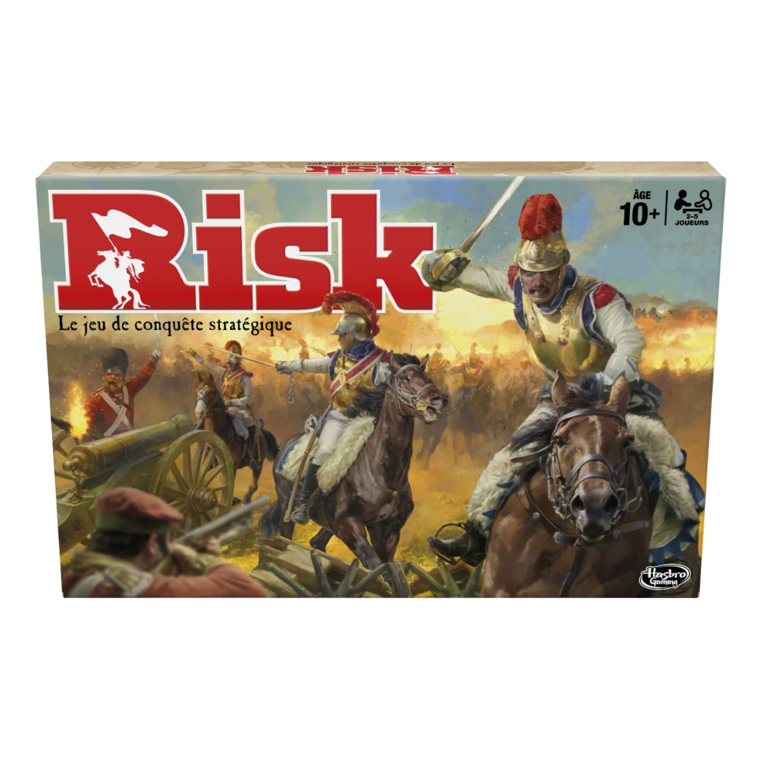 Risk bordspeldoos met soldaten te paard, kanonnen en tekst: Le jeu de conquête stratégique.