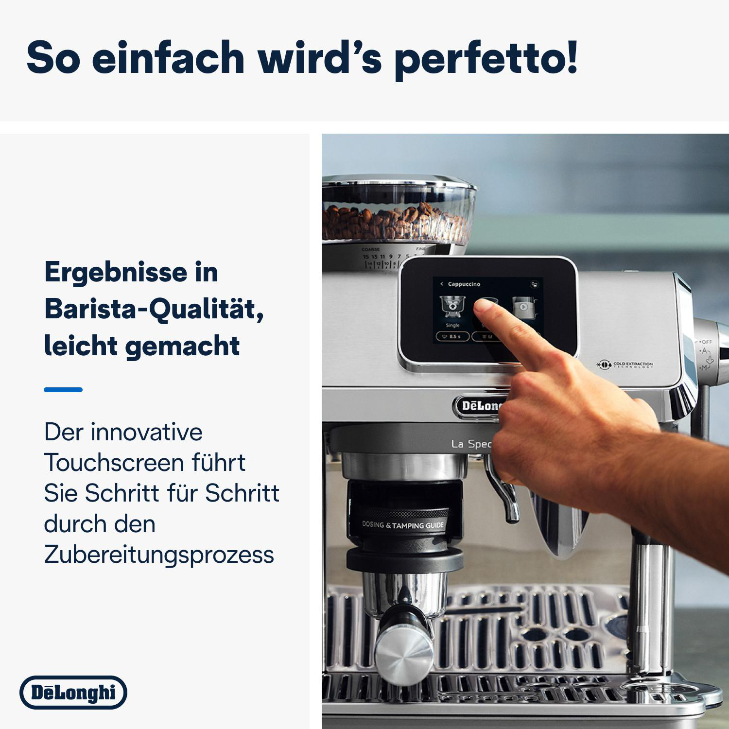 Die Hand einer Person, die eine Kaffeemaschine mit Touchscreen und Kaffeetassen-Symbol bedient.