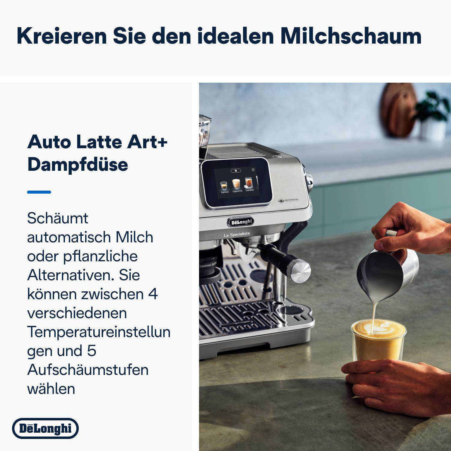 Person gießt Milch in eine Kaffeetasse mit einer Kaffeemaschine.