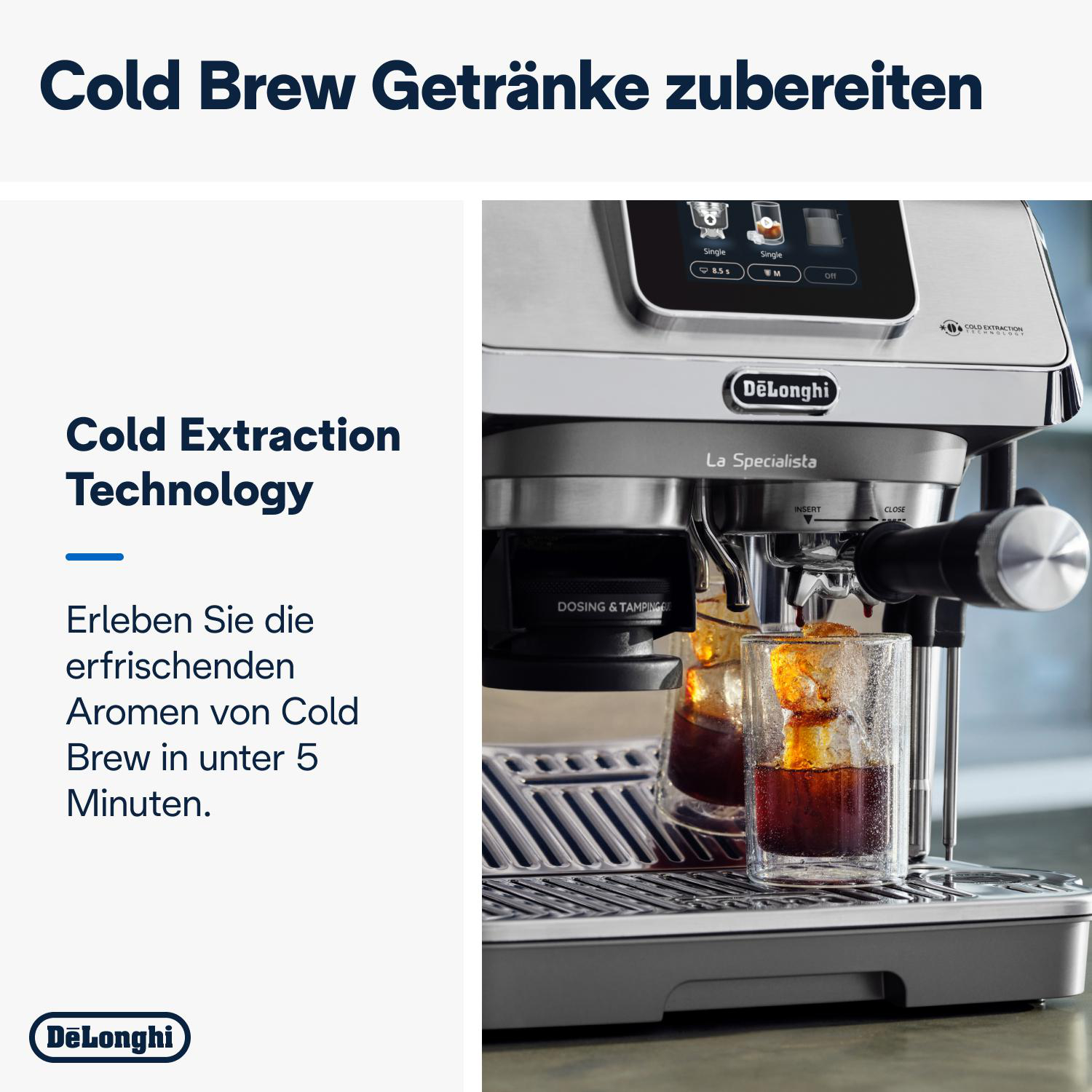 Espressomaschine bereitet Cold Brew zu. Text: 'Cold Brew Getränke zubereiten'.