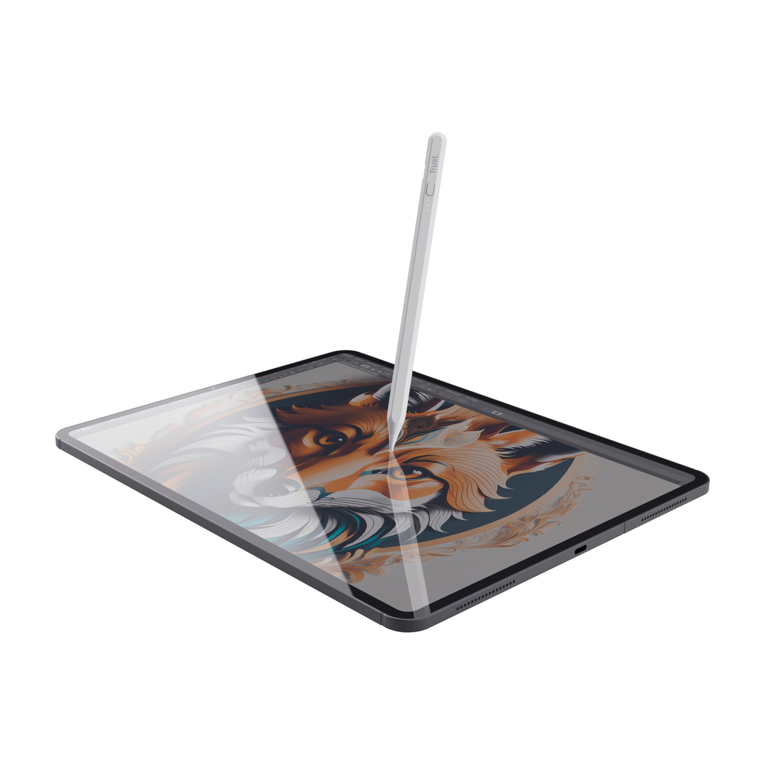 Un tablet con una penna stilo sporgente, un'immagine colorata di una volpe sullo schermo.