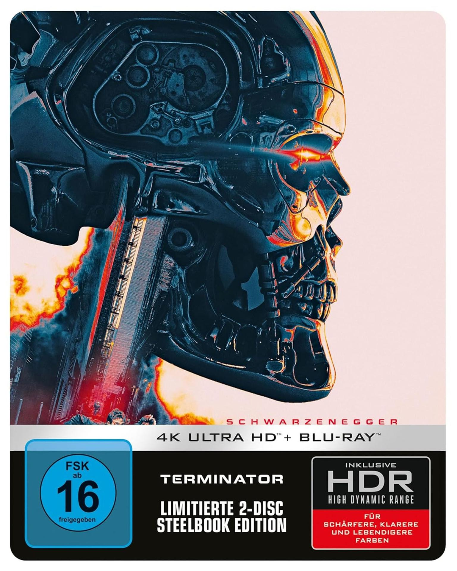 Terminator 4K Ultra HD Blu-ray Cover mit einem Cyborg-Kopf und Feuer.