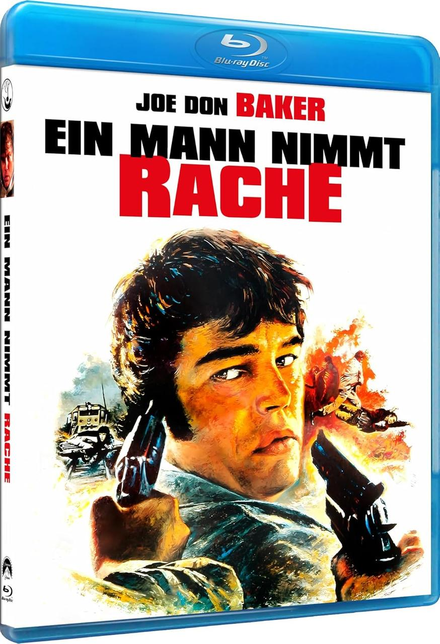 Filmcover: Joe Don Baker mit Pistolen, Titel 'Ein Mann Nimmt Rache', blaue Blu-ray-Hülle.