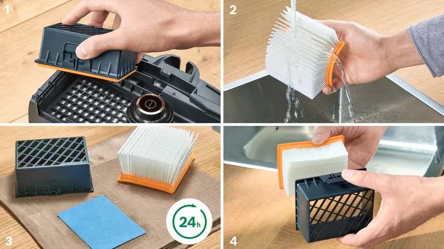 Obrazek z czterema panelami pokazujący, jak czyścić filtr, w tym pranie.