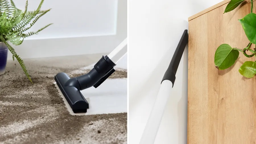 Dwa zdjęcia głowicy odkurzacza czyszczącej podłogę i róg.