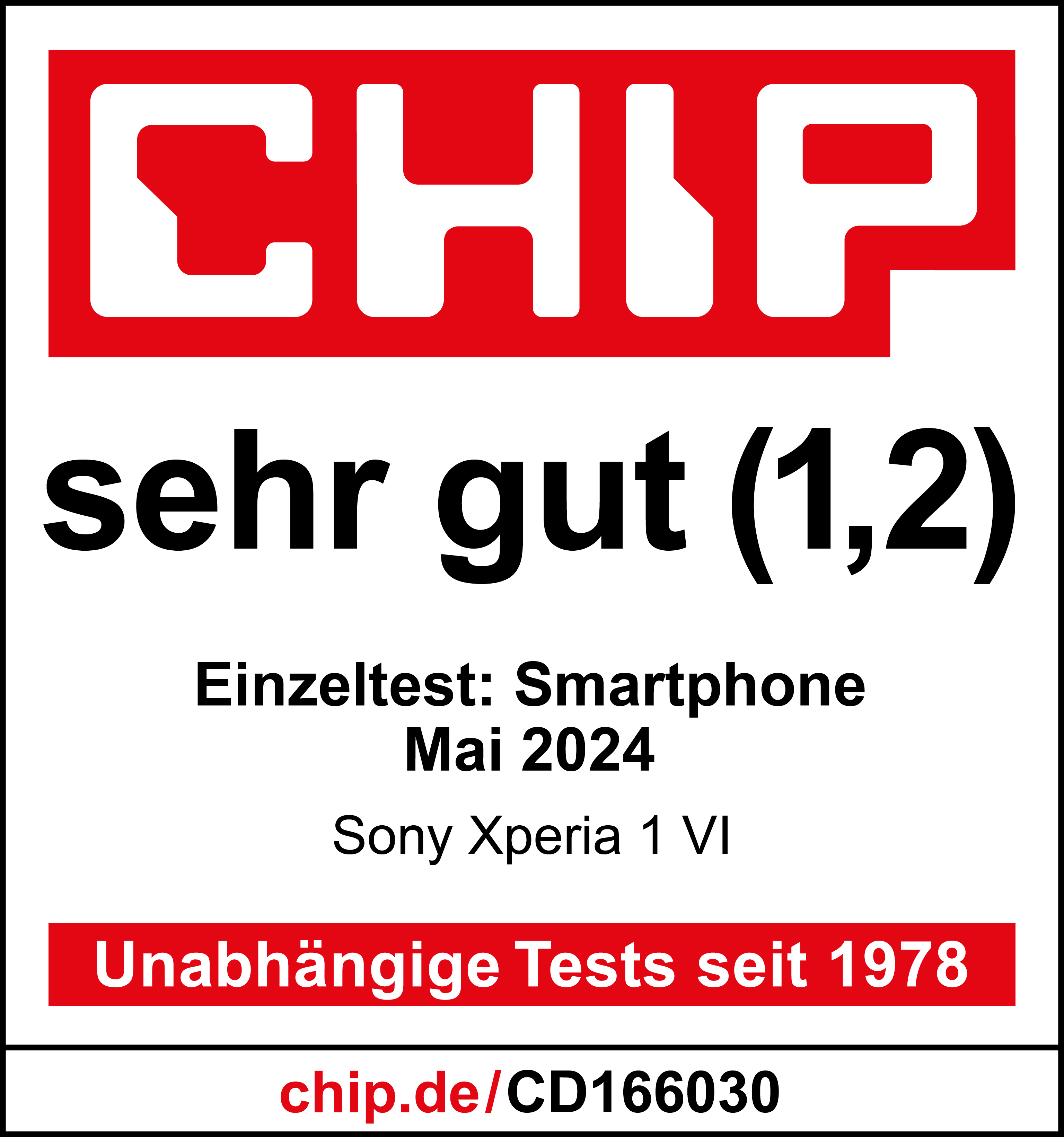Rotes und weißes CHIP-Logo. Text zeigt einen Telefontest mit Bewertung.