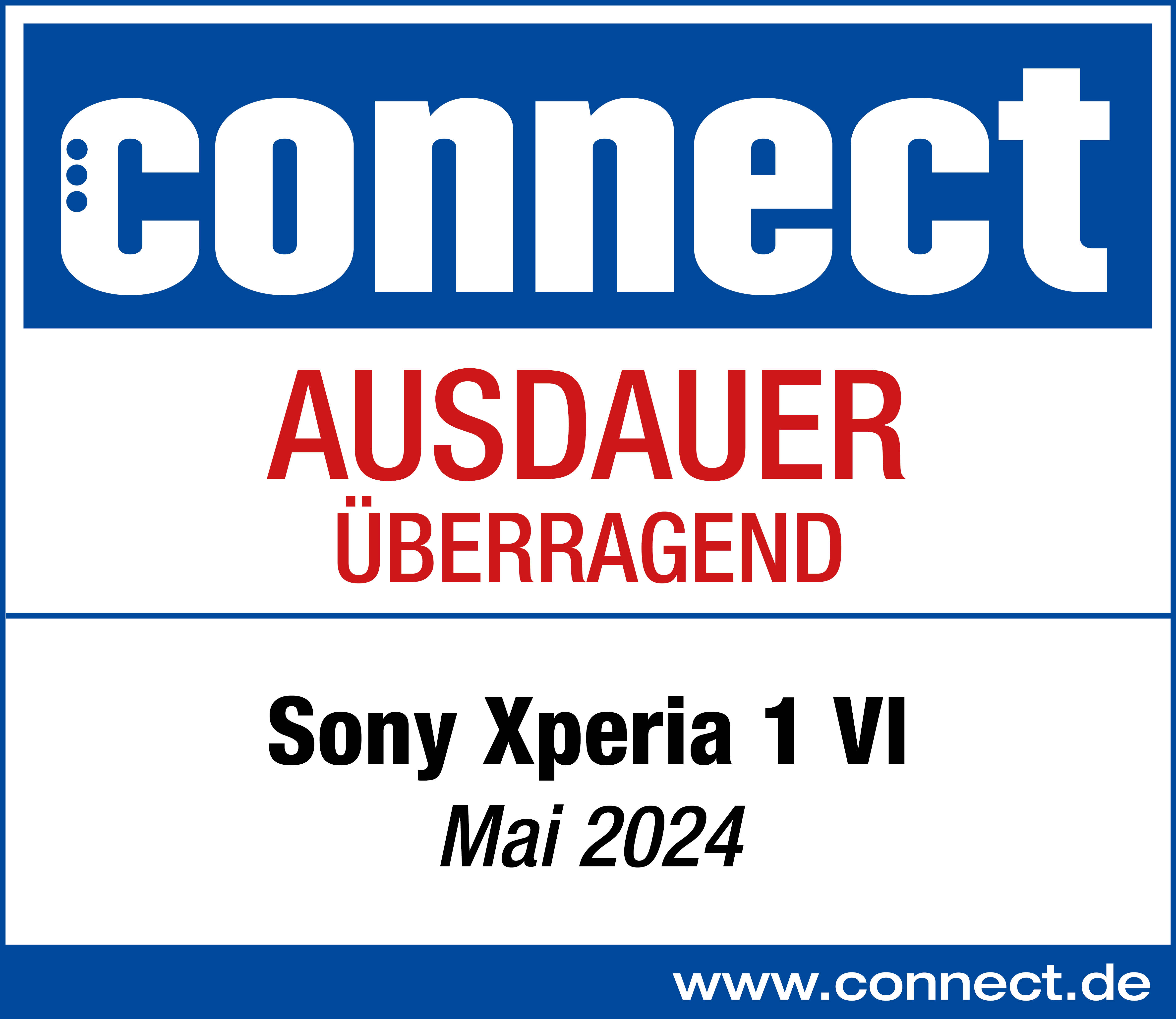 Ein weißes und blaues Schild mit dem Wort 'connect' und dem Text 'Ausdauer Überragend' und 'Sony Xperia 1 VI'.