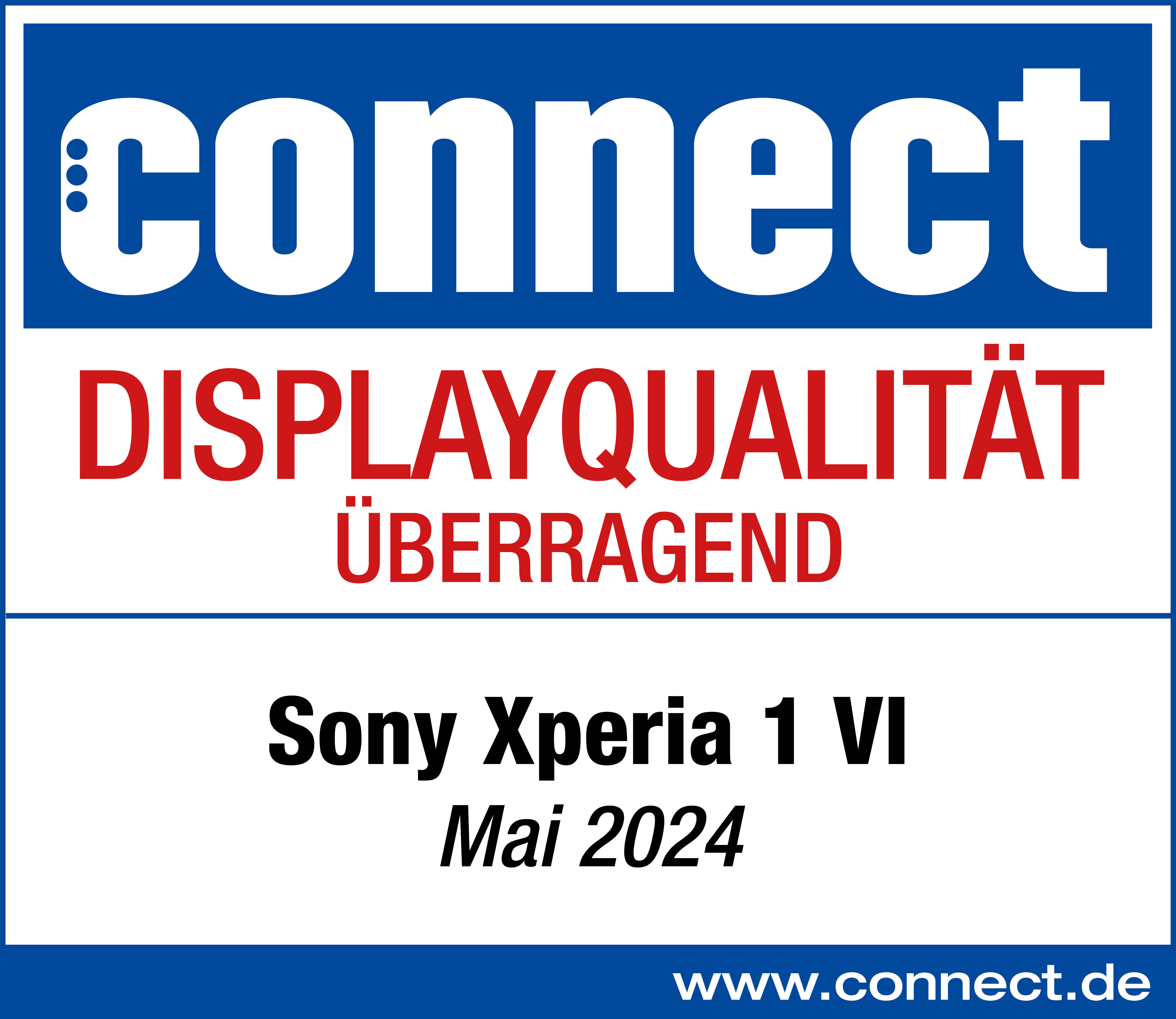 Connect-Magazin-Cover, weißer Text auf blauem Hintergrund: Displayqualität, Sony Xperia 1 VI.