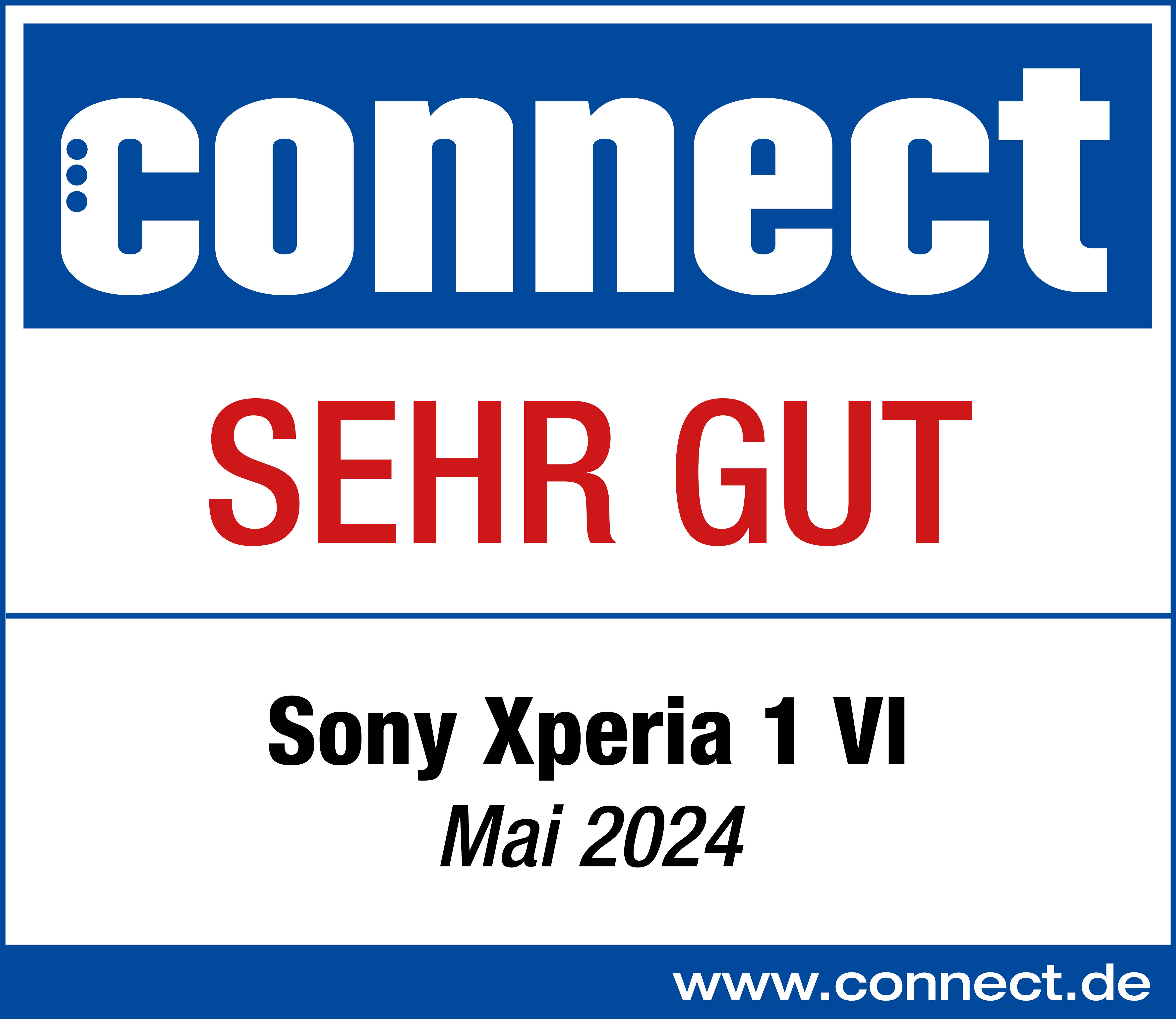 Ein blaues und weißes Connect-Logo mit 'Sehr Gut' und 'Sony Xperia 1 VI'-Informationen.