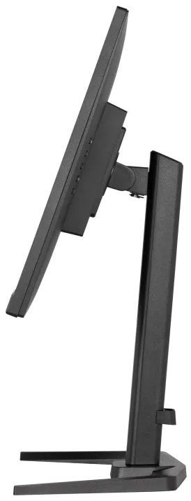 Czarny monitor komputera z profilu, pokazujący widok z boku. Monitor stoi na stojaku.