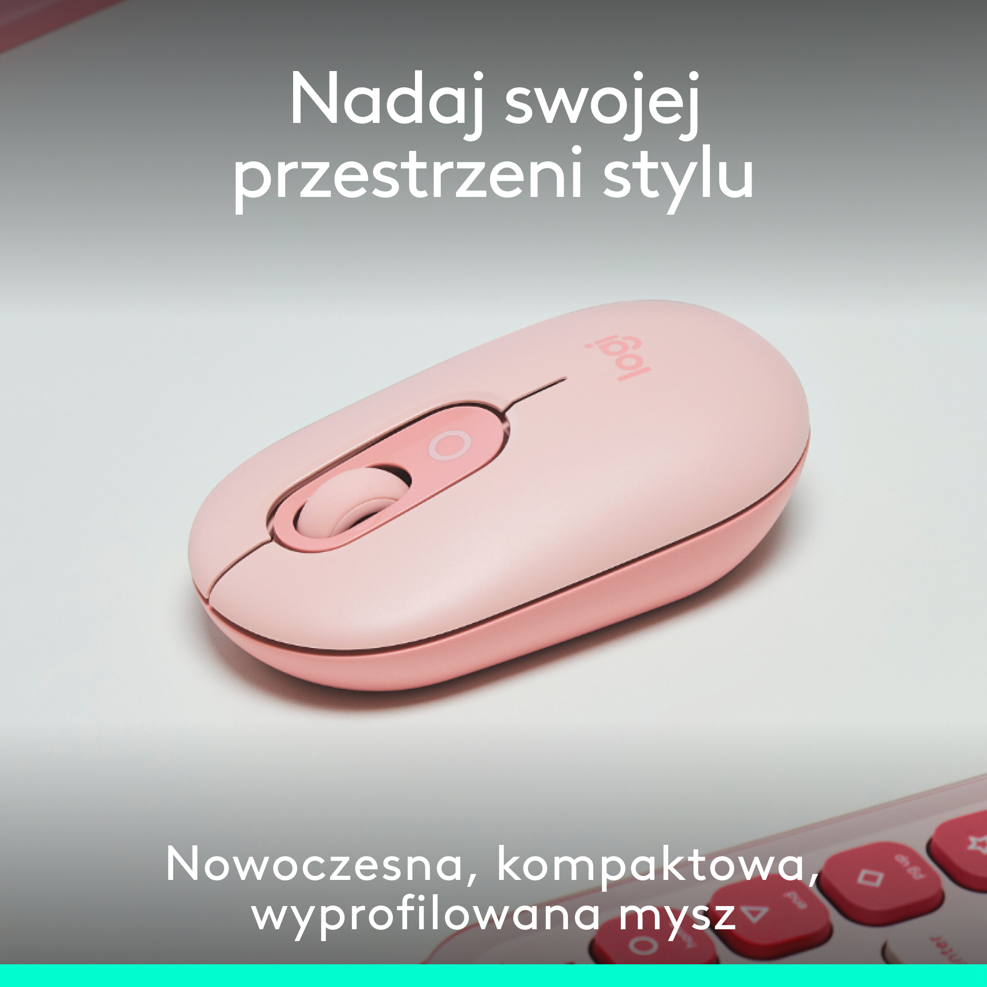 Różowa mysz na białej powierzchni. Mysz ma różowy korpus i różowe kółko przewijania.