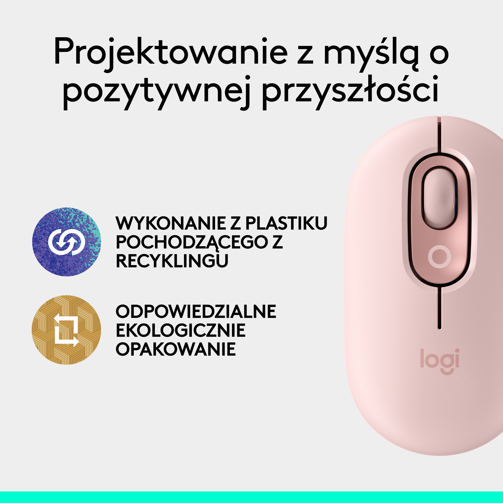 Różowa mysz komputerowa z logo recyklingu i ekologicznych opakowań.