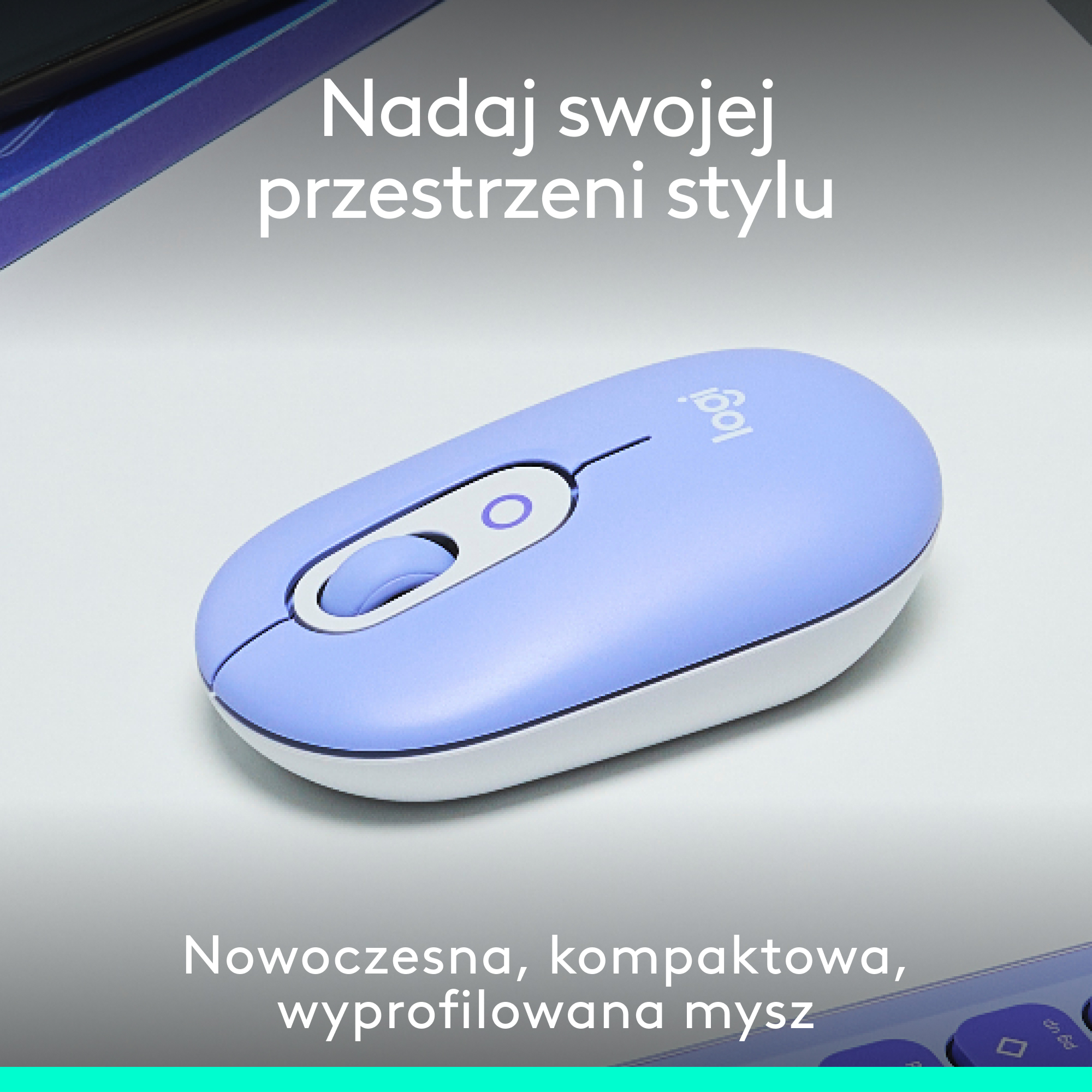 Niebiesko-biała mysz komputerowa na białej powierzchni, z tekstem w języku polskim powyżej.