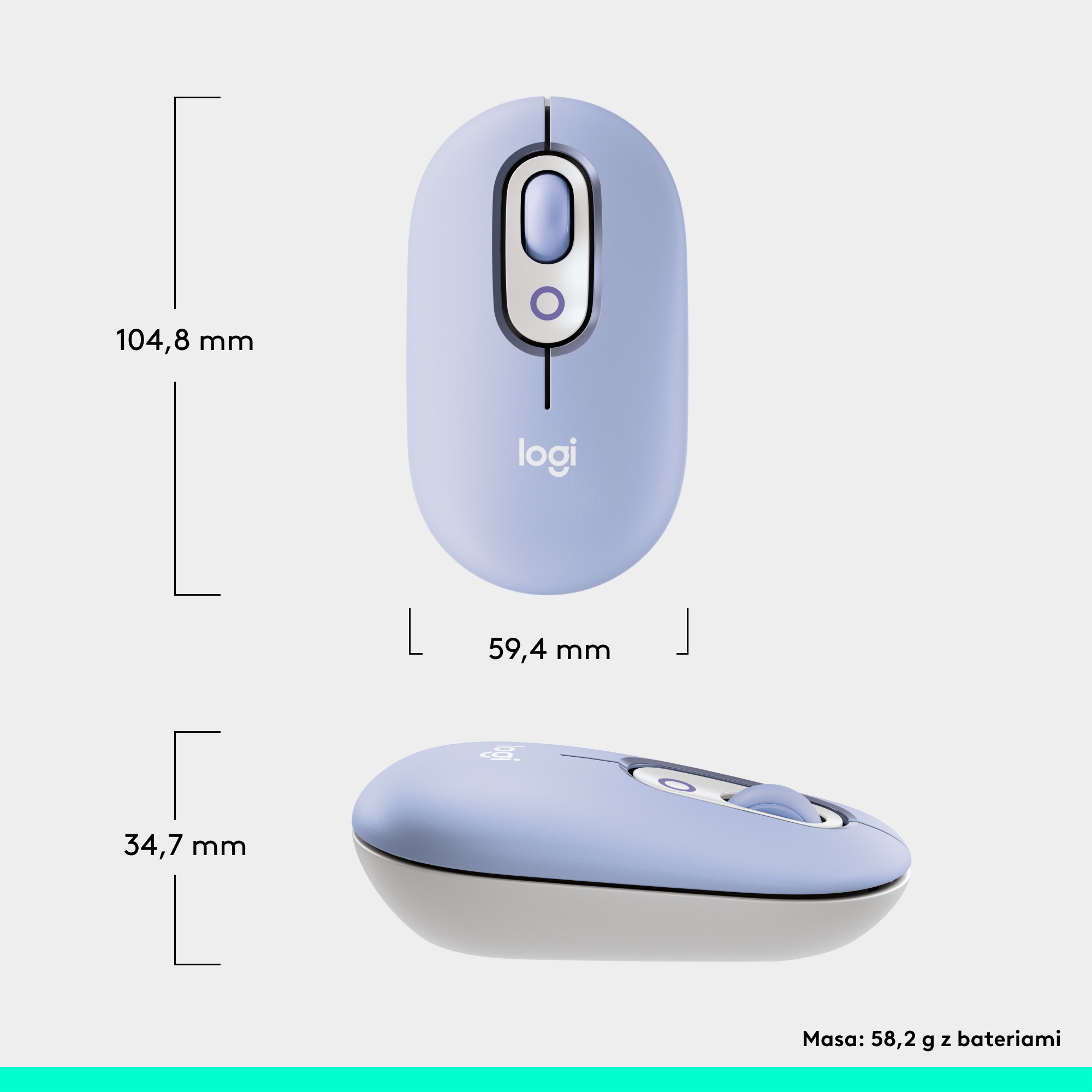 Jasnoniebieska mysz Logitech z pokazanymi wymiarami.
