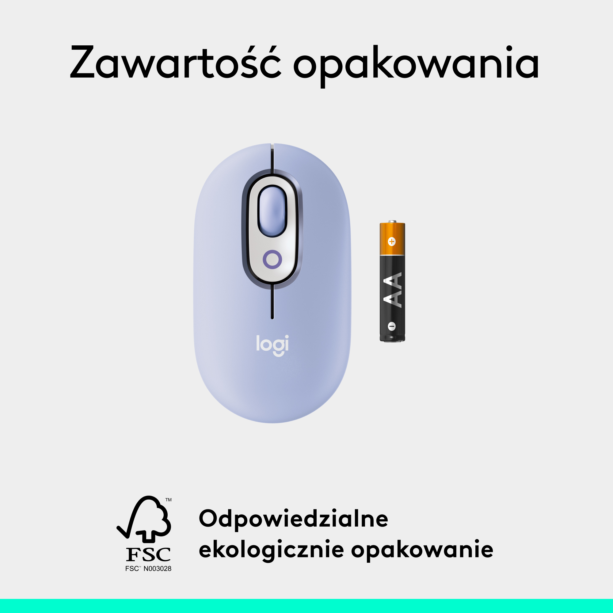 Jasnofioletowa mysz i bateria ze słowami 'Odpowiedzialne ekologicznie opakowanie'.