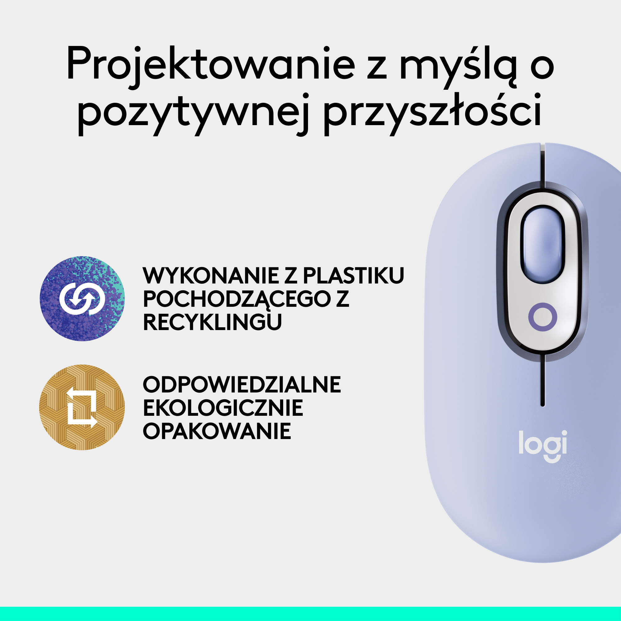 Fioletowa mysz Logitech z tekstem i dwiema ikonami dotyczącymi zrównoważonego rozwoju i recyklingu.