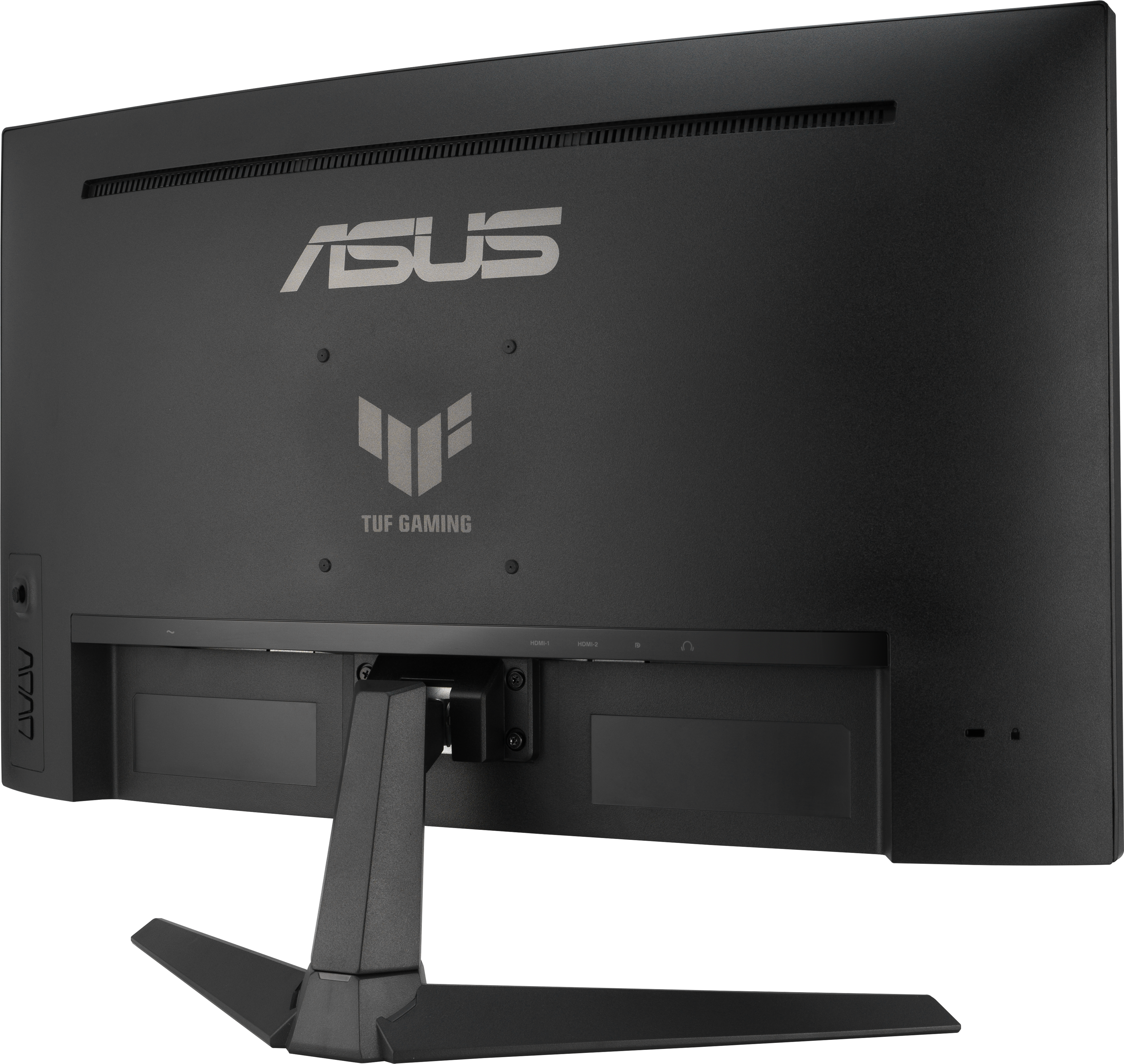 Rückseite eines schwarzen ASUS-Monitors mit Markenlogo und Ständer. Es hat mehrere Anschlüsse.