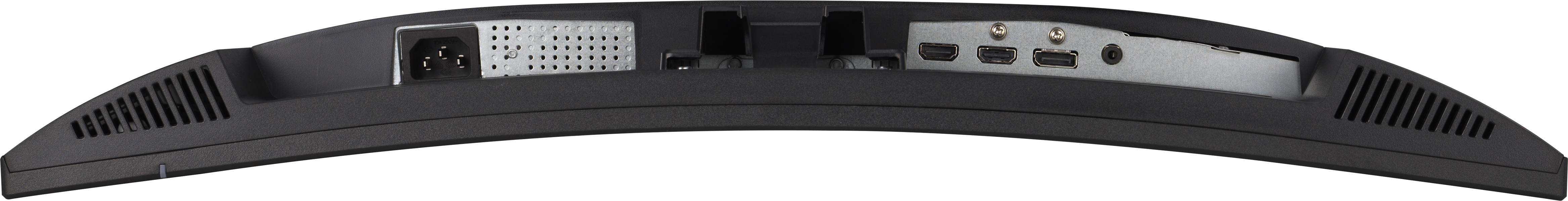 Die Rückseite eines Monitors mit Anschlüssen. Strom, HDMI und andere Eingänge sind sichtbar.
