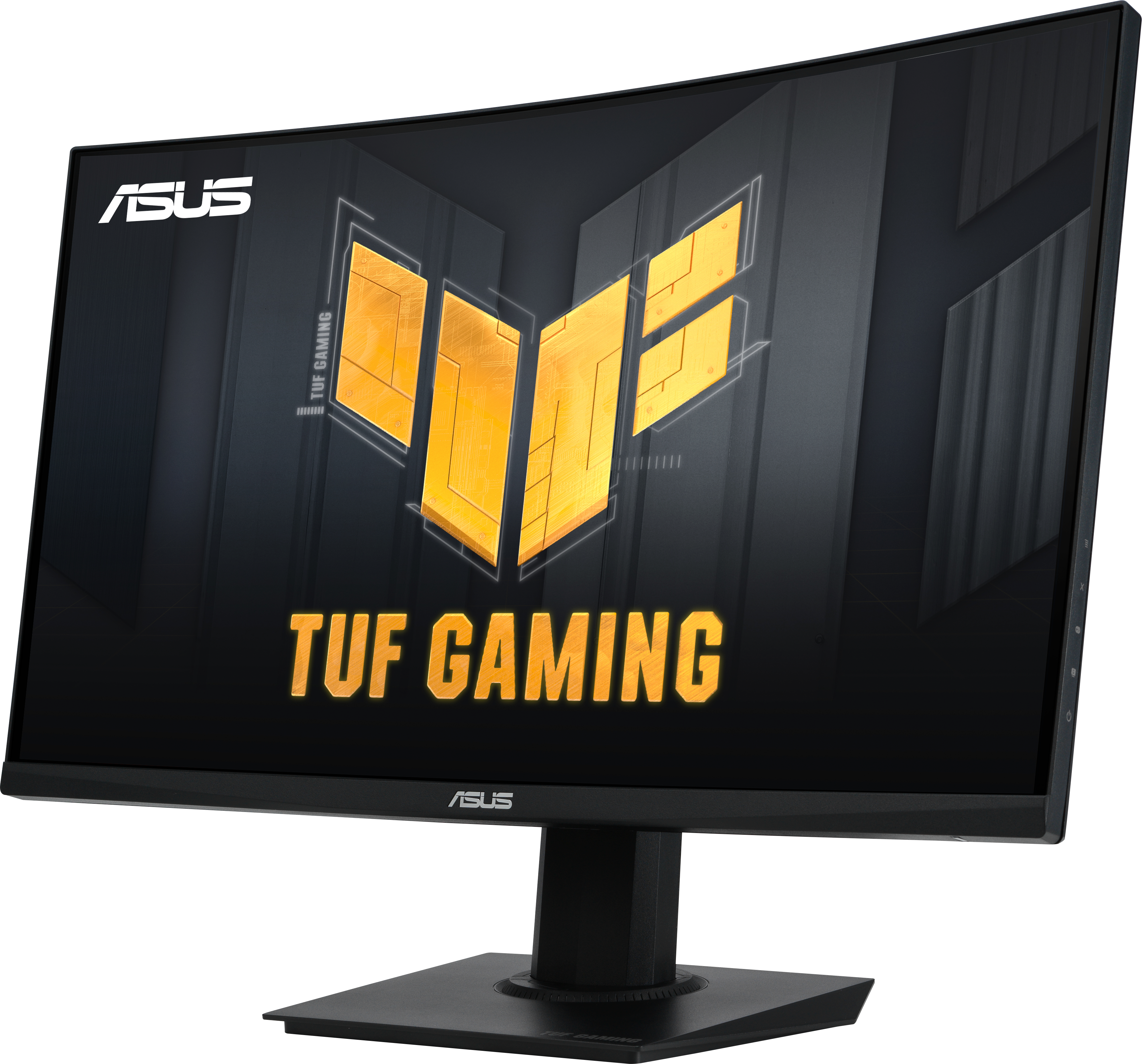 Écran d'ordinateur incurvé avec 'TUF GAMING' et logo ASUS sur support noir.