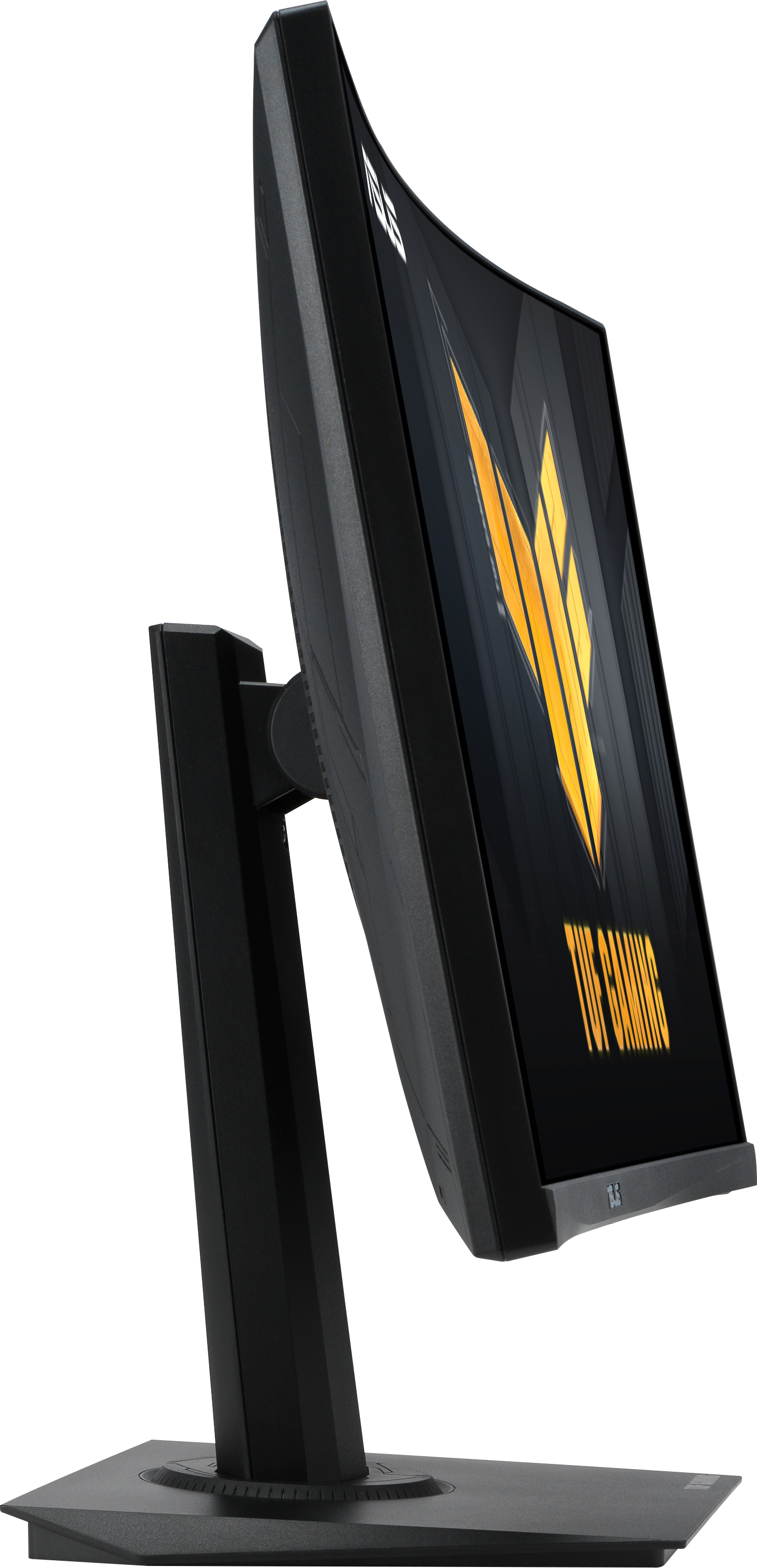 Écran incurvé noir avec logo jaune. Le support est noir. Le fond est uni.