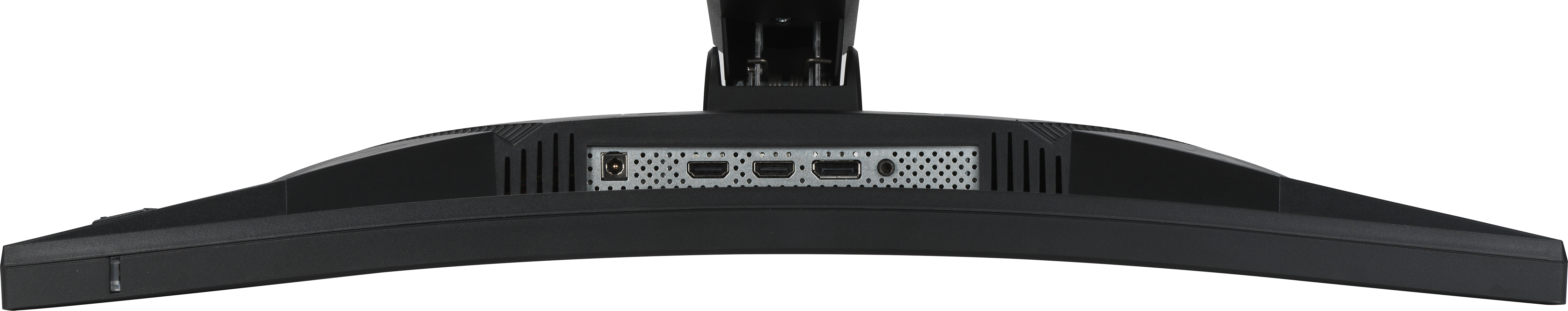 L'arrière d'un moniteur incurvé. Il possède plusieurs ports et est de couleur noire.