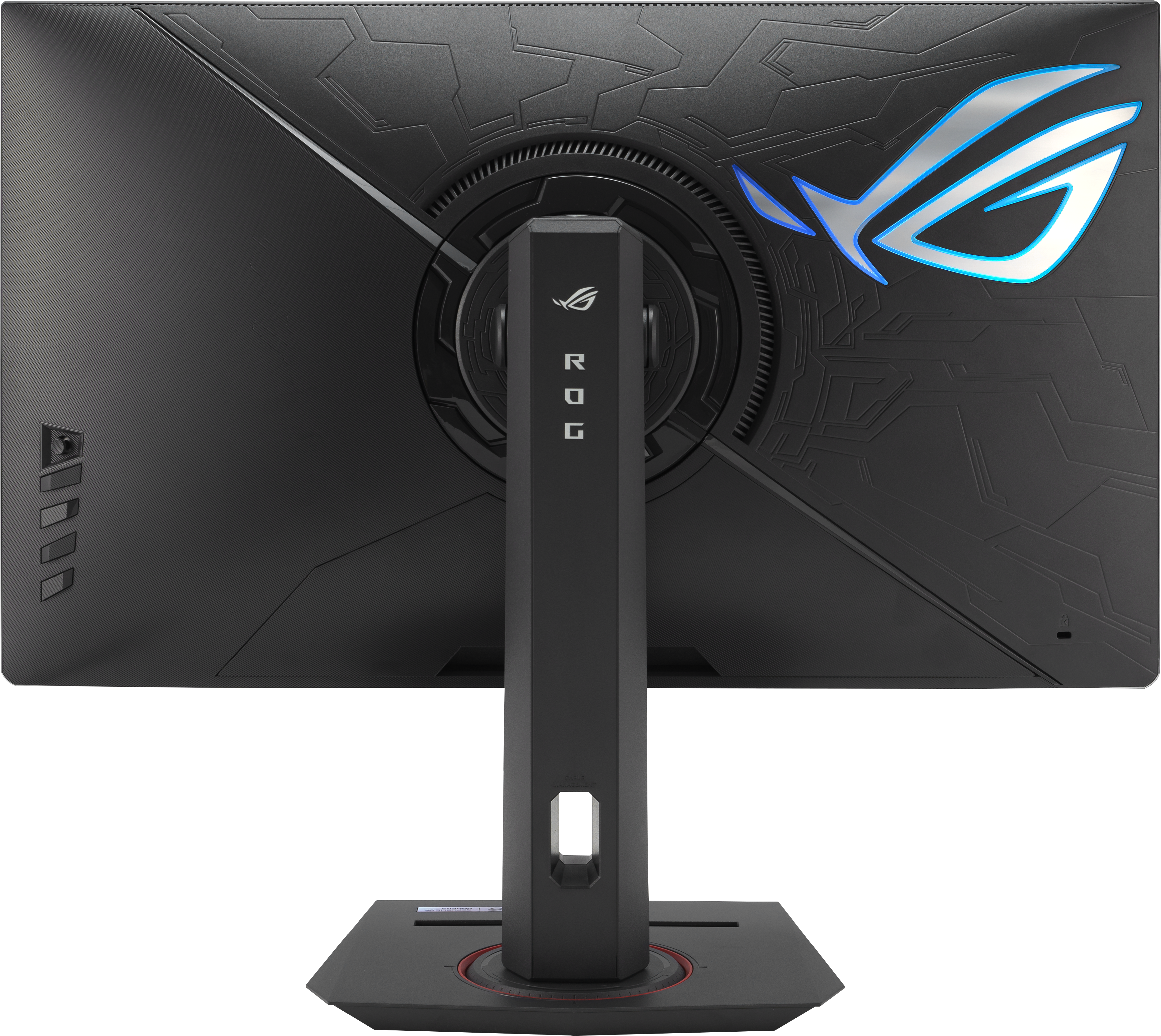 Arrière d'un moniteur de jeu ROG noir et gris.