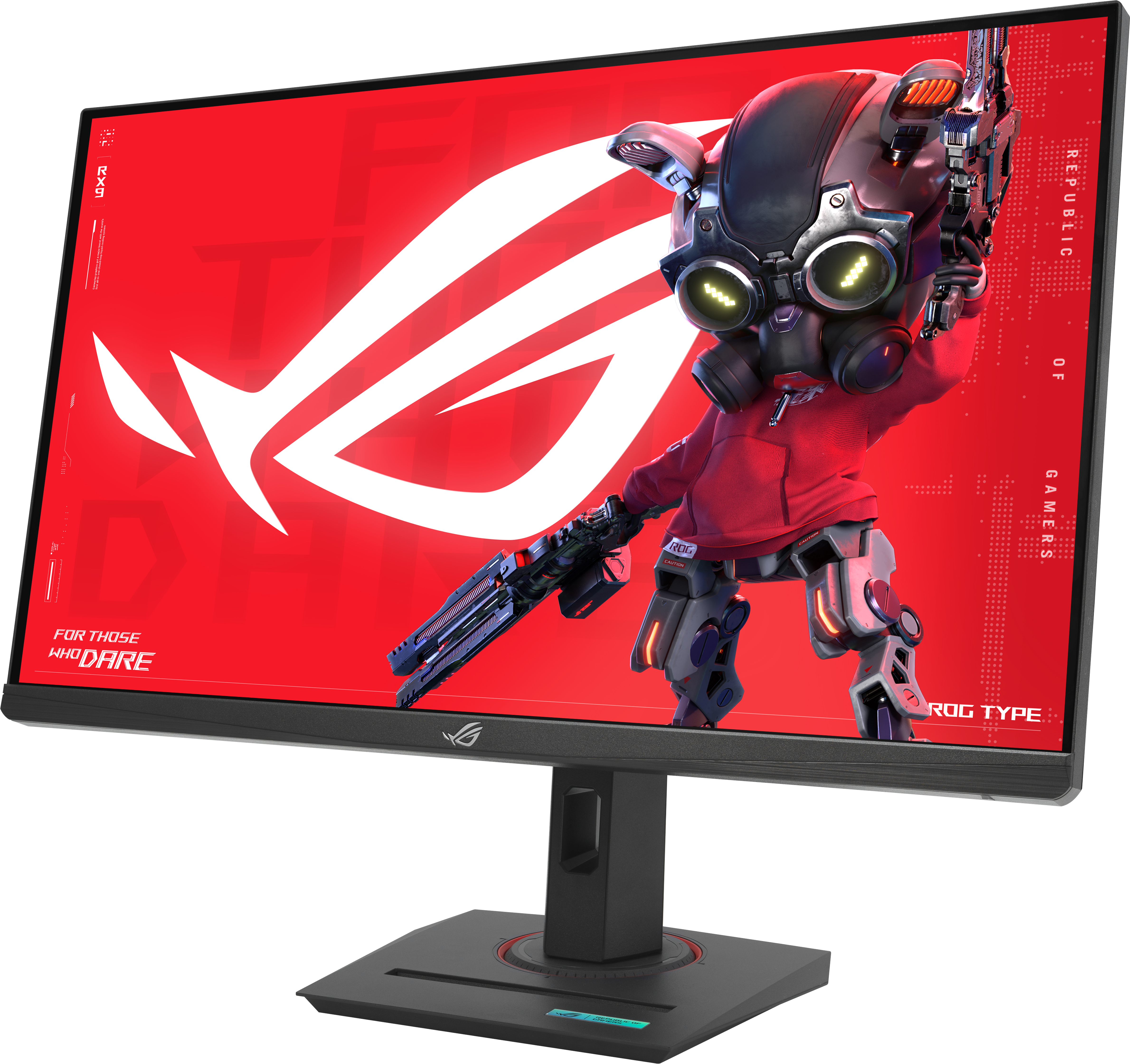 Un moniteur plat avec un personnage robotique et un fond rouge.
