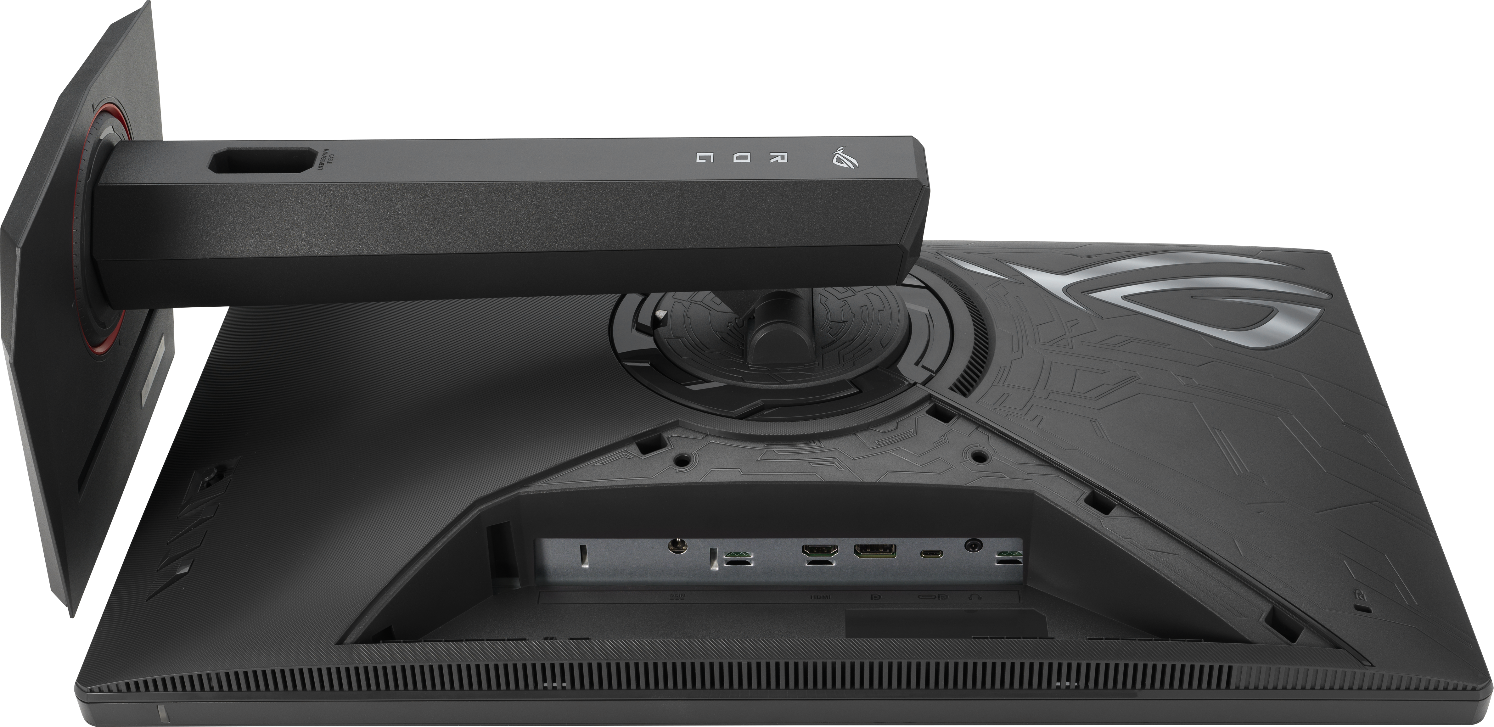 L'arrière d'un moniteur avec un pied unique. Il possède différents ports. Le logo ASUS ROG est visible.